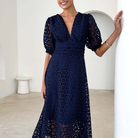 Eyelet Lace V-Neck Midi Dress with Puff Sleeves | New Formal Dress w/ Zip Back - Picture 1 of 9